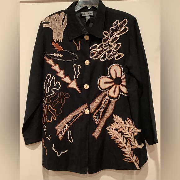 Indigo Moon Vintage Embroidered Black Floral Jacket Button Front Blazer Large - Picture 1 of 13